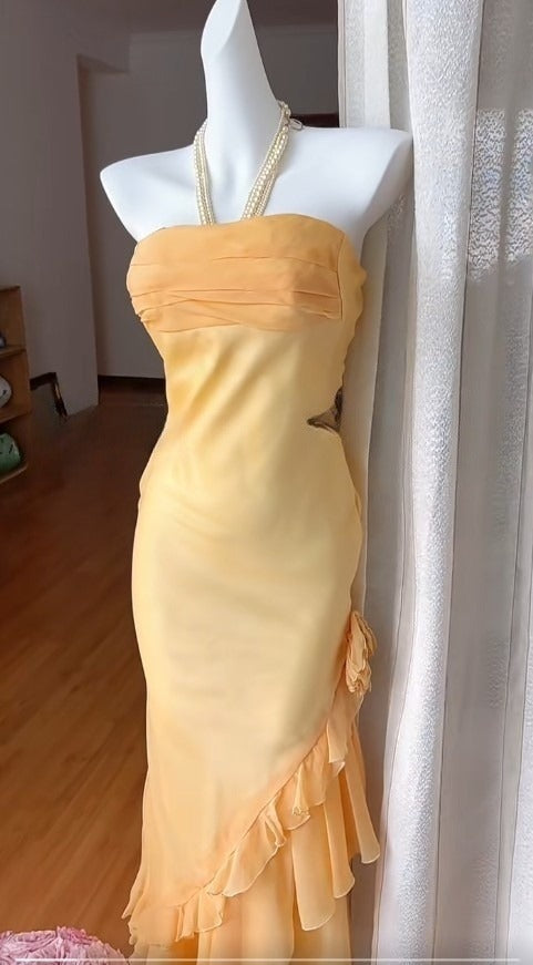 Märchenhaftes trägerloses Etuikleid mit Rüschen, Farbverlauf, Orange, formelles Abendkleid ED02085