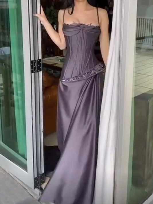 Elegant Dark Gray Purple Spaghetti Straps Sheath Satin Evening Dress Long Prom Dresses ED02086