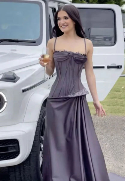 Elegant  Gray Purple Spaghetti Straps Sheath Satin Evening Dress Long Prom Dresses ED02086