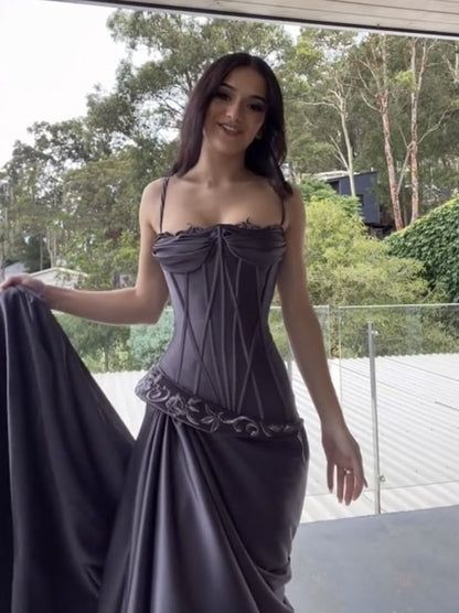 Robe de soirée fourreau élégante en satin gris foncé et violet, à bretelles spaghetti, longue, robe de bal ED02086