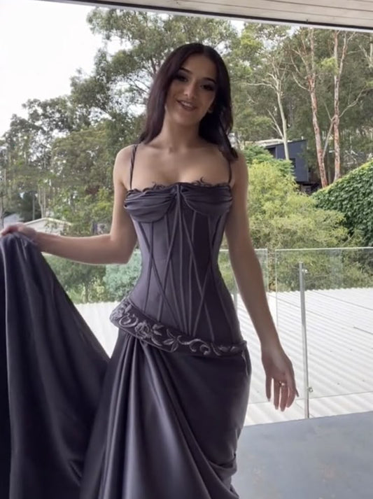 Elegant Dark Gray Purple Spaghetti Straps Sheath Satin Evening Dress Long Prom Dresses ED02086