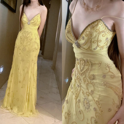 Gorgeous Butter Yellow Spaghetti Straps A-line Tulle Beaded Long Prom Dresses Backless Evening GownsED02094