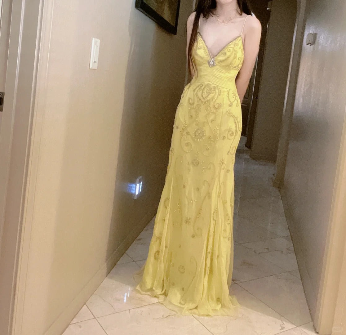 Gorgeous Lilac Spaghetti Straps A-line Tulle Beaded Long Prom Dresses Backless Evening Gowns EP02094