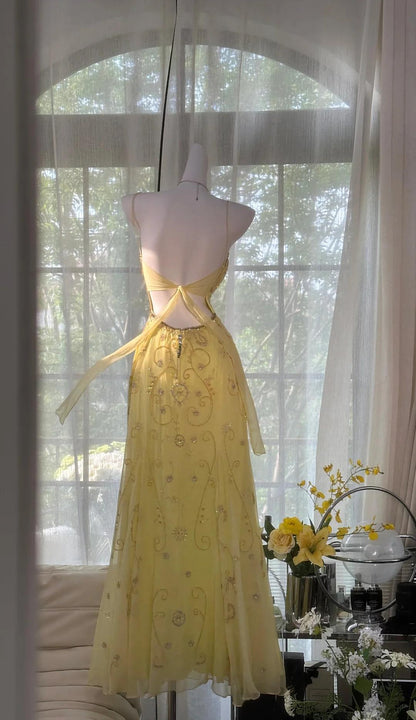 Gorgeous Yellow Spaghetti Strap A-line Tulle Beaded Long Prom Dresses Backless Evening Dress ED02094
