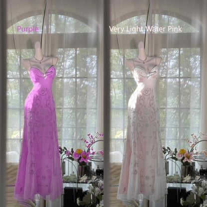 Gorgeous Yellow Spaghetti Strap A-line Tulle Beaded Long Prom Dresses Backless Evening Dress