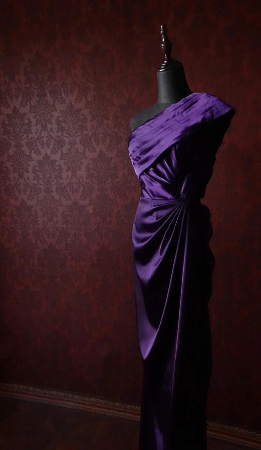 Elegant Dark Purple One Shoulder Satin Sheath Simple Evening Dresses ED02095