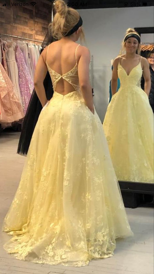Superbe robe de mariée trapèze jaune à bretelles spaghetti en tulle et dentelle avec appliques, robe de soirée formelle ED02100