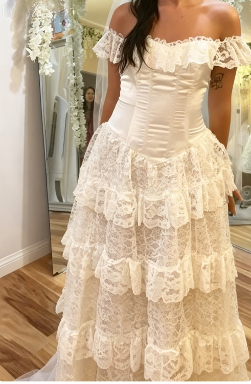 Elegant Ivory Off Shoulder Tulle Lace A-line Wedding Dress ED02101