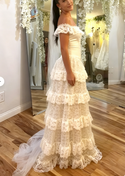 Elegant Ivory Off Shoulder Tulle Lace A-line Wedding Dress ED02101