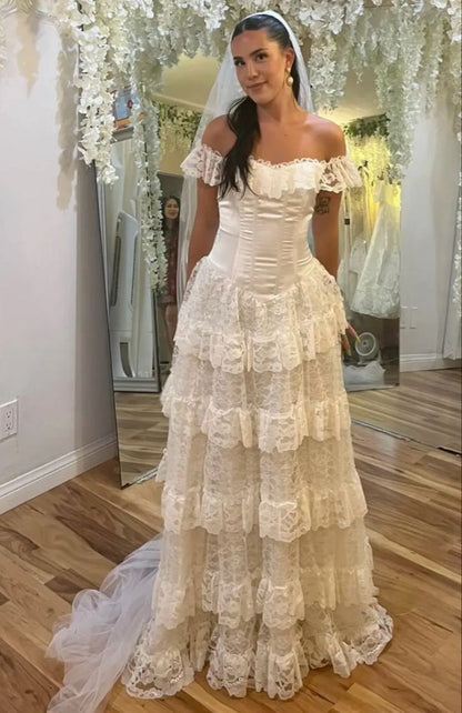 Elegant Ivory Off Shoulder Tulle Lace A-line Wedding Dress ED02101