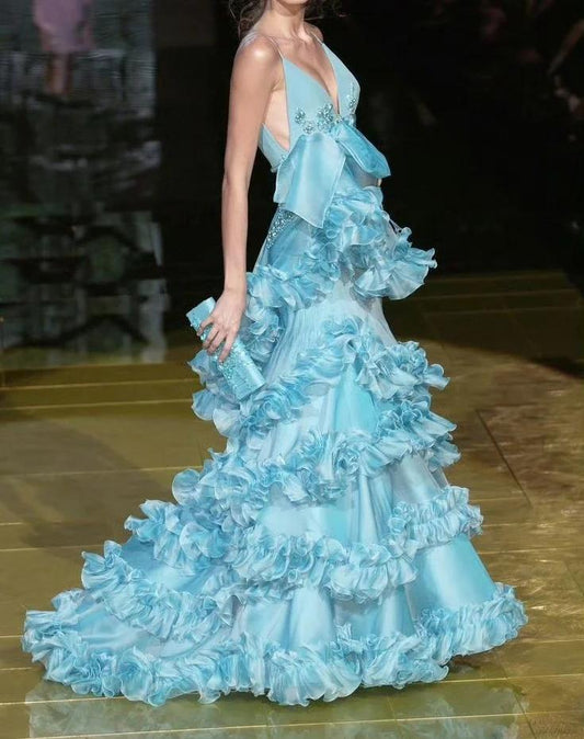 Superbe robe de soirée sirène bleue à bretelles spaghetti en mousseline de soie, robe de mariée unique ED02102