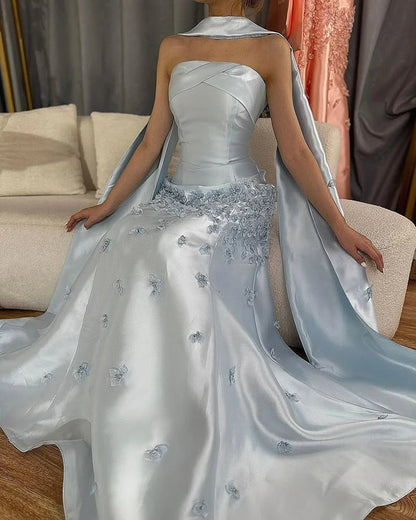 Robe de mariée élégante en satin gris bleu, coupe trapèze, sans bretelles, tenue de soirée formelle ED02104