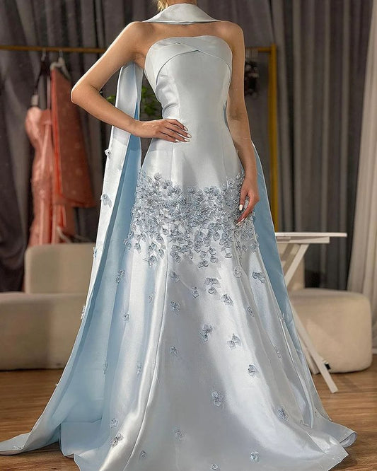Robe de mariée élégante en satin gris bleu, coupe trapèze, sans bretelles, tenue de soirée formelle ED02104