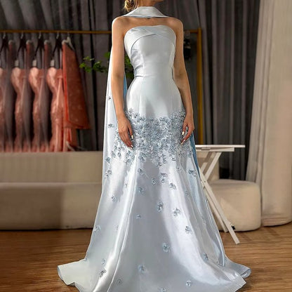 Robe de mariée élégante en satin gris bleu, coupe trapèze, sans bretelles, tenue de soirée formelle ED02104