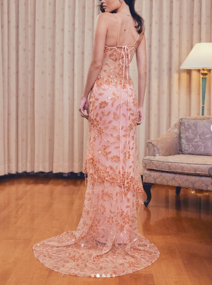 Superbe robe de bal longue en tulle, à bretelles spaghetti et dentelle perlée, charmante robe de soirée ED02106