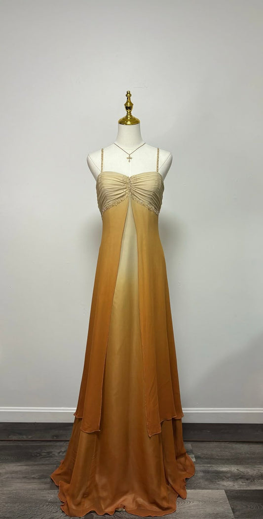 Vintage Gradient Yellow Spaghetti Straps Sheath Chiffon Long Prom Dresses Evening Dress ED02107