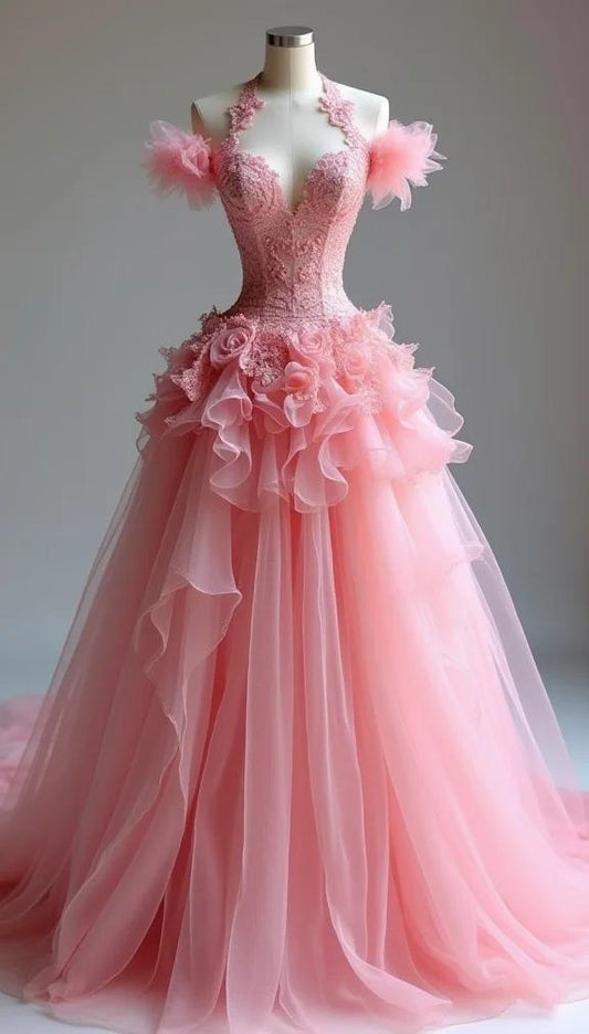 Robe de mariée longue en tulle et dentelle, col en V, couleur pêche, ED02108