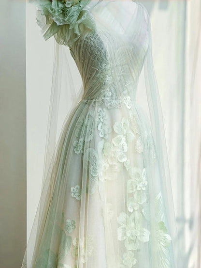 Robe de mariée trapèze vert clair à une épaule, en tulle, avec appliques, tenue de soirée formelle, ED02109