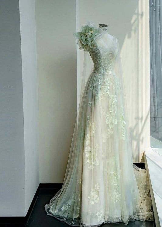 Robe de mariée trapèze vert clair à une épaule, en tulle, avec appliques, tenue de soirée formelle, ED02109