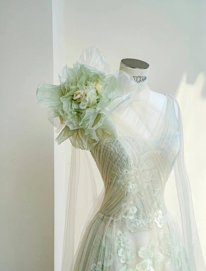 Robe de mariée trapèze vert clair à une épaule, en tulle, avec appliques, tenue de soirée formelle, ED02109