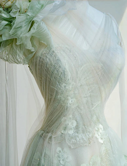 Robe de mariée trapèze vert clair à une épaule, en tulle, avec appliques, tenue de soirée formelle, ED02109
