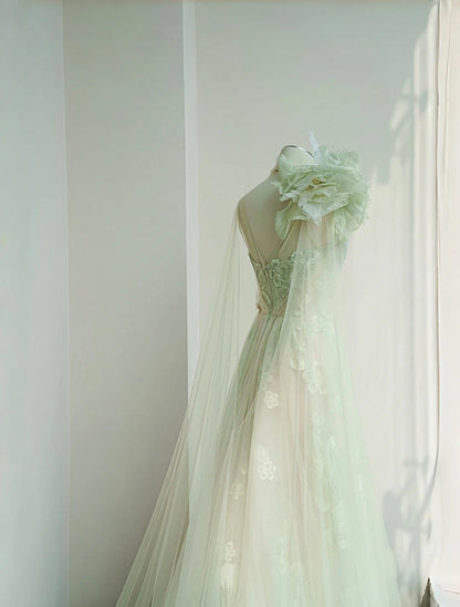 Robe de mariée trapèze vert clair à une épaule, en tulle, avec appliques, tenue de soirée formelle, ED02109