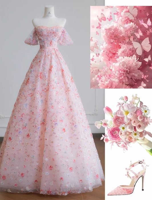 Superbe robe de mariée rose à épaules dénudées, coupe trapèze, en tulle et paillettes, pour un Sweet 16 ans (ED02110)