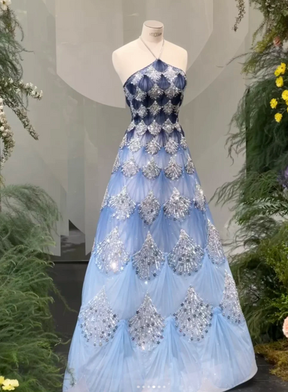 Fashionable Ocean Blue Halter A-Line Tulle Sequin Wedding Dress Long Prom Dress ED02111