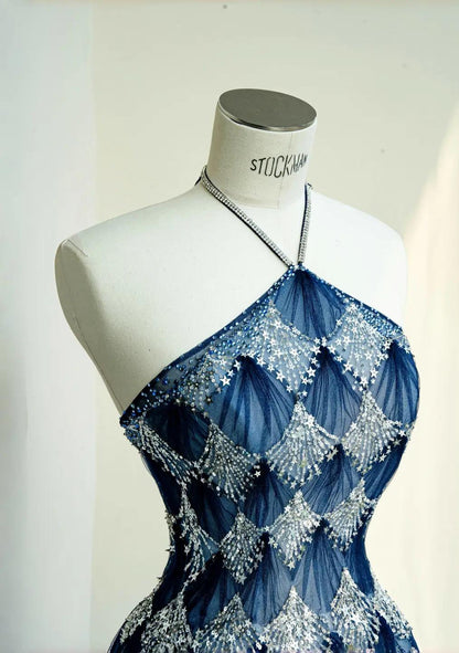 Modisches ozeanblaues Neckholder-A-Linien-Brautkleid mit Tüll und Pailletten, langes Ballkleid ED02111
