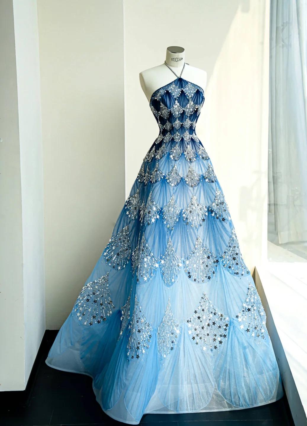 Modisches ozeanblaues Neckholder-A-Linien-Brautkleid mit Tüll und Pailletten, langes Ballkleid ED02111