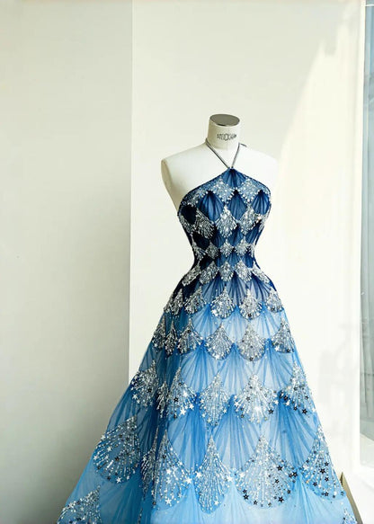 Modisches ozeanblaues Neckholder-A-Linien-Brautkleid mit Tüll und Pailletten, langes Ballkleid ED02111