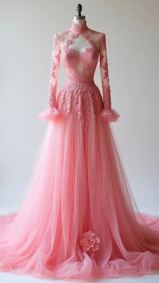Robe de mariée trapèze en tulle et dentelle à décolleté en cœur, couleur pêche chic, ED02112