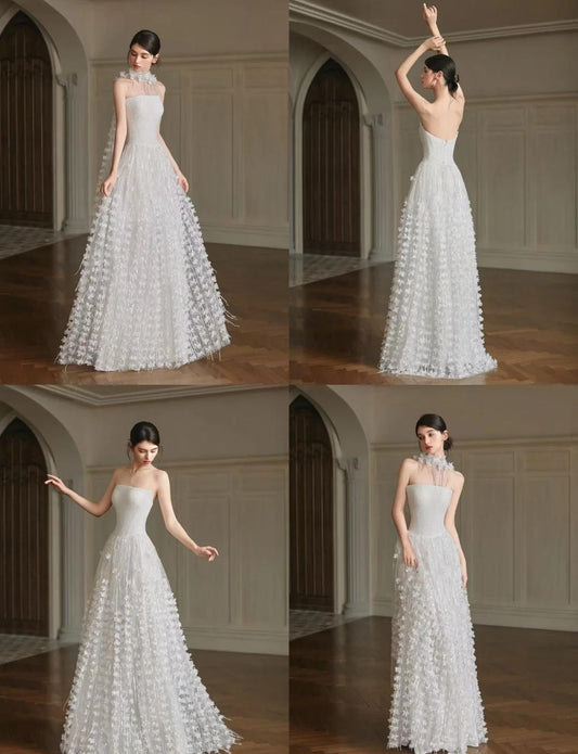 Robe de mariée trapèze simple sans bretelles en tulle avec appliques ED02116