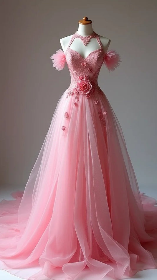 Superbe robe de mariée trapèze à col en V, en tulle, sans manches, avec traîne et appliques en dentelle ED02117