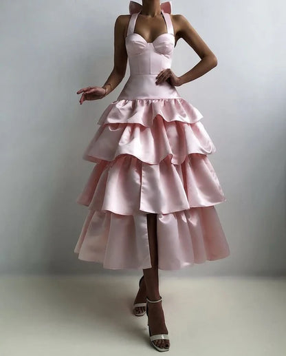 Pink A-Line Halter Prom Dress Tiered Satin Empire-Waist Sleeveless Party Dress 22nd Birthday Dress with Bow  ED02118