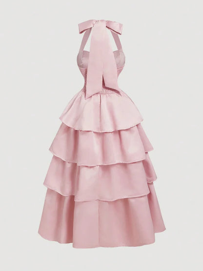 Pink A-Line Halter Prom Dress Tiered Satin Empire-Waist Sleeveless Party Dress 22nd Birthday Dress with Bow  ED02118