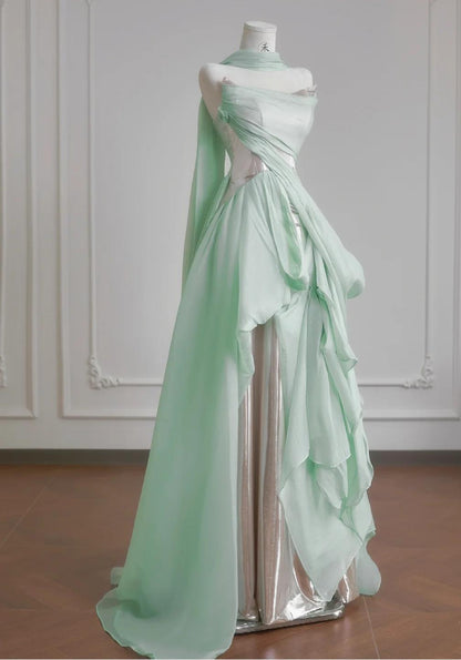 Robe de mariée trapèze vert clair unique, robe de bal longue sans bretelles en mousseline de soie ED02121