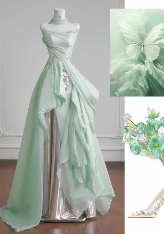 Robe de mariée trapèze vert clair unique, robe de bal longue sans bretelles en mousseline de soie ED02121
