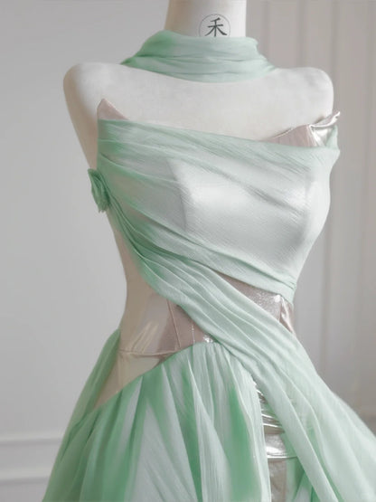 Robe de mariée trapèze vert clair unique, robe de bal longue sans bretelles en mousseline de soie ED02121