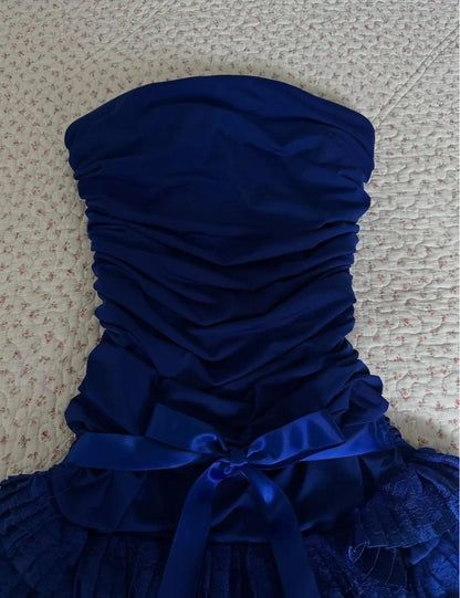 Vintage Dark Sapphire Trägerloses Chiffon-Spitzen-Kurzballkleid Süße Homecoming-Kleider ED02135