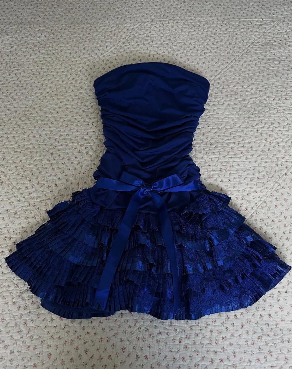 Vintage Dark Sapphire Trägerloses Chiffon-Spitzen-Kurzballkleid Süße Homecoming-Kleider ED02135