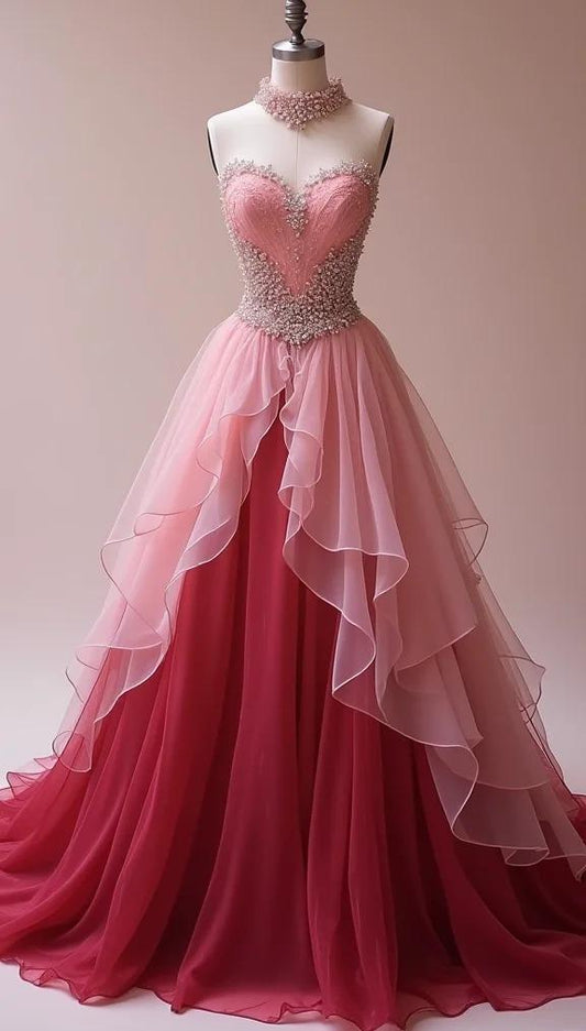 Superbe robe de mariée trapèze bustier couleur pêche, décolleté en cœur, en tulle perlé, longue robe de bal ED02136