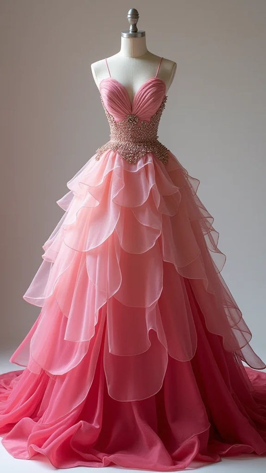 Superbe robe de mariée trapèze en mousseline de soie dégradée pêche à bretelles spaghetti et perles, robe de bal longue ED02148