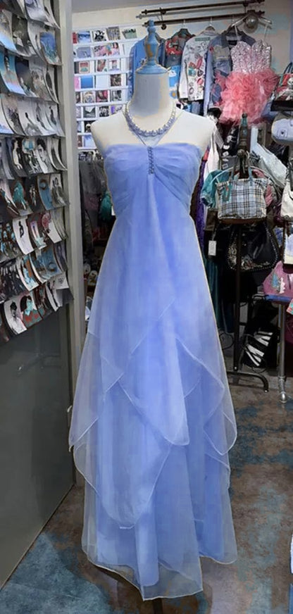Fairytale Blue Chiffon Cocktail Dress Halter Neck Sleeveless Party Dress