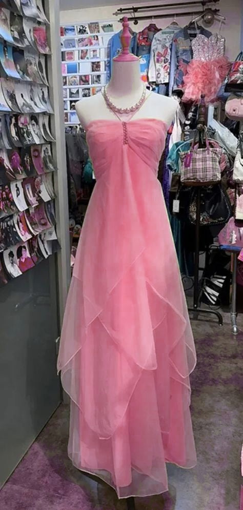 Fairytale Pink Chiffon Cocktail Dress Halter Neck Sleeveless Party Dress