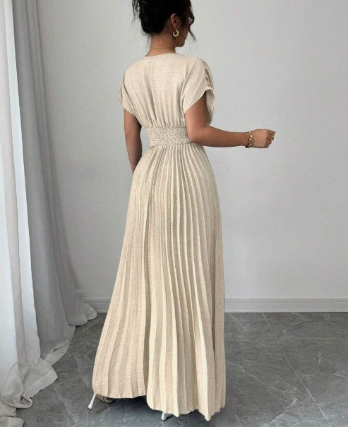 Robe de soirée élégante à col en V profond et plissée, coupe trapèze, robe d'invitée de mariage ED02160