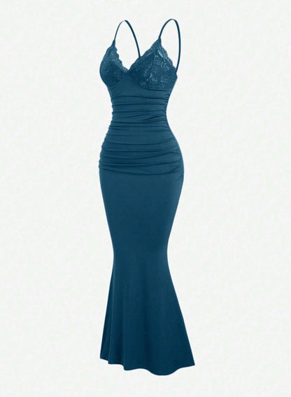 Robe de soirée sirène classique bleu sarcelle à bretelles spaghetti, robe de soirée courte en satin et dentelle ED02162