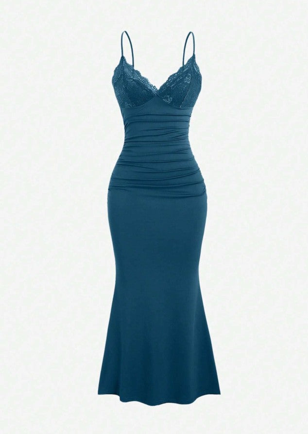 Robe de soirée sirène classique bleu sarcelle à bretelles spaghetti, robe de soirée courte en satin et dentelle ED02162