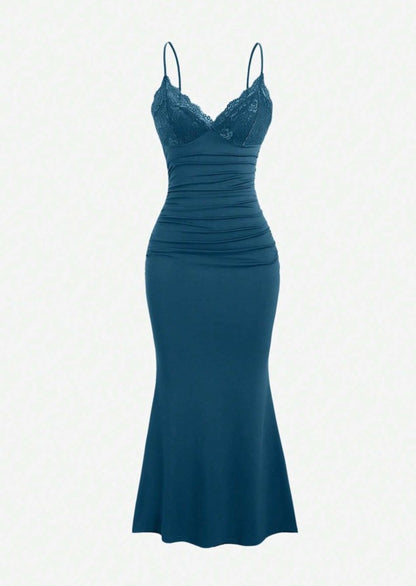 Robe de soirée sirène classique bleu sarcelle à bretelles spaghetti, robe de soirée courte en satin et dentelle ED02162