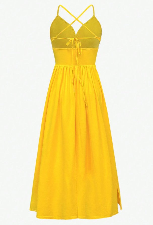 Sexy Yellow Spaghetti Straps Satin A-Line Sleeveless Party Dresses with Slits ED02167